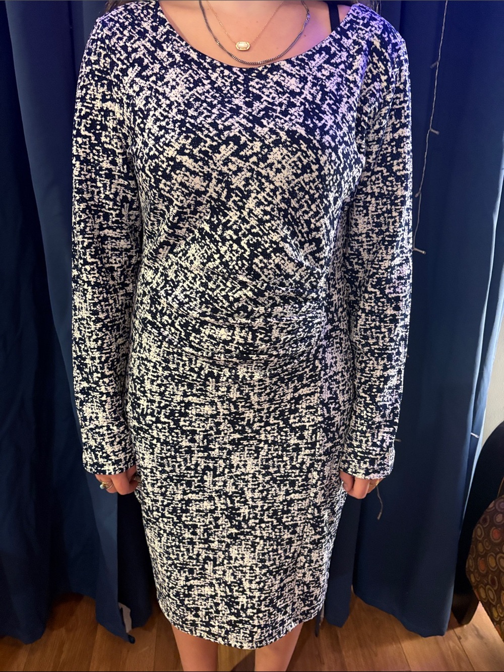 Black & White Long Sleeve Patterned Sheath Dress